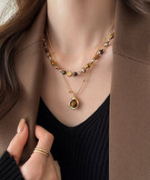 Mode Gold Kupfer Overgild Tiger Eye Stein Perlen Anhänger Halskette Zwei Stück Set